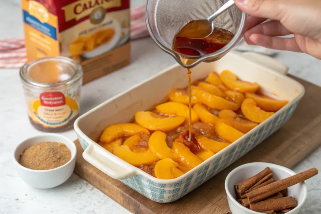 Cake mix being spread evenly over peaches in a baking dish.