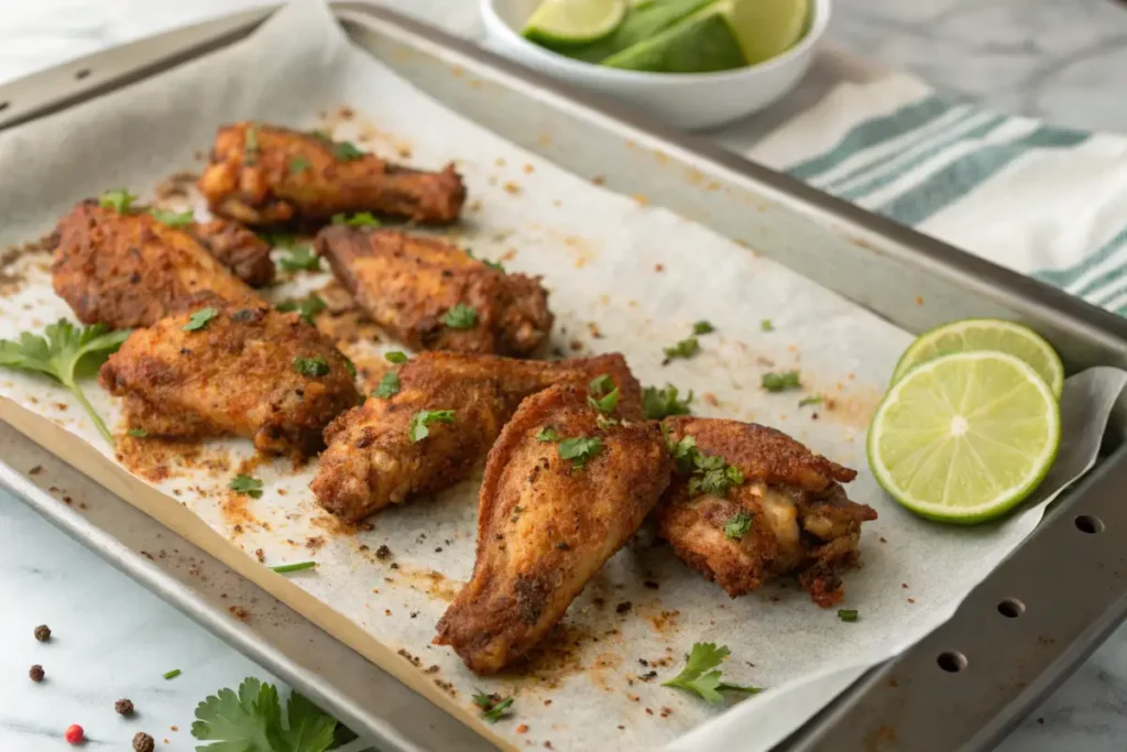 Seasoned, cooked chicken wings are arranged on a baking sheet.