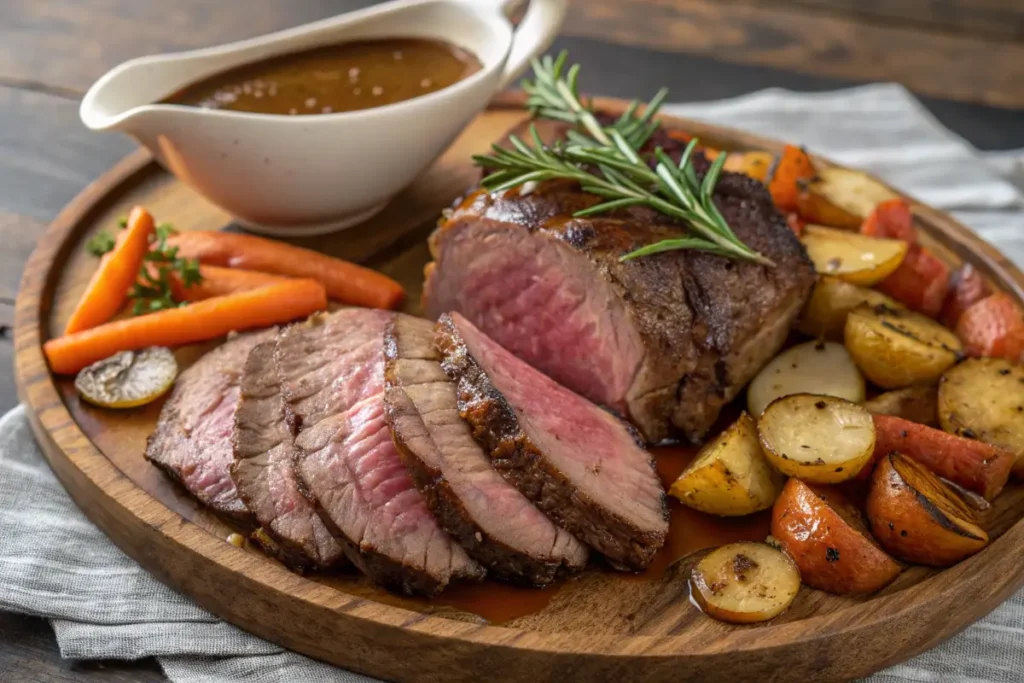 Sliced arm roast with roasted vegetables and gravy