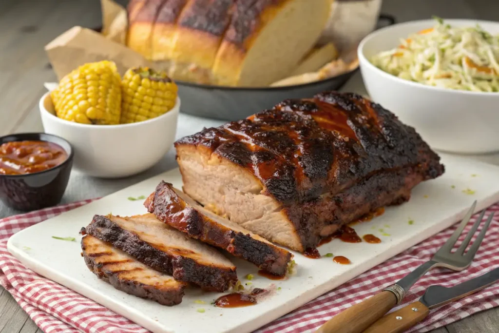 Sliced barbecue pork loin roast on a white cutting board.