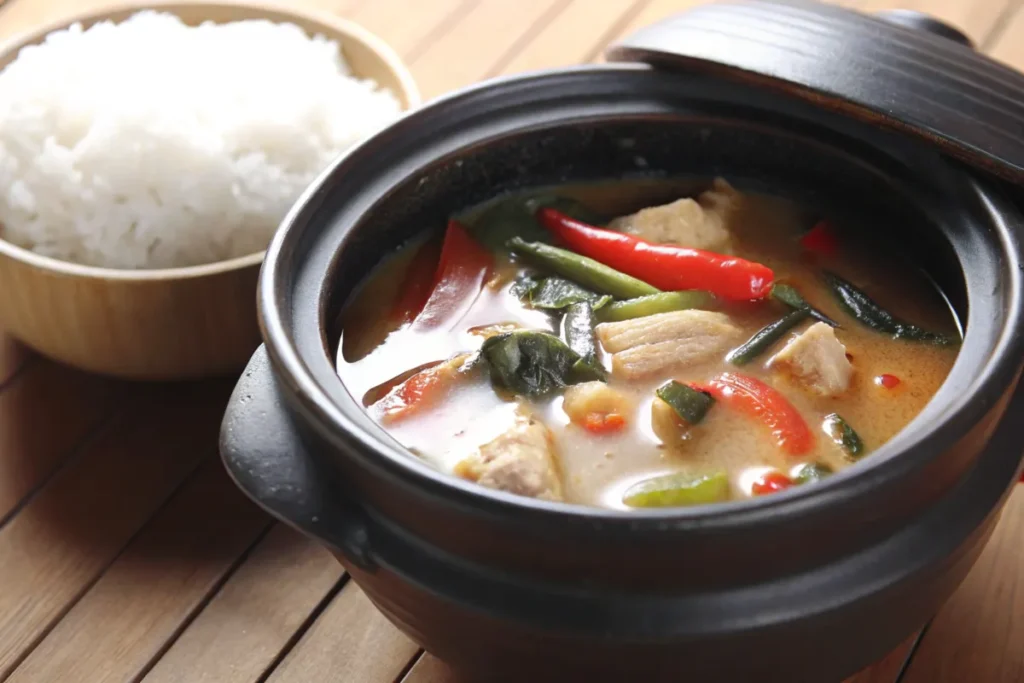 erved Sinigang with pork and vegetables in a clay bowl