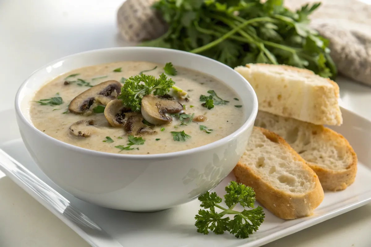 Cream of Mushroom Soup served with bread for Campbell's Soup Recipes