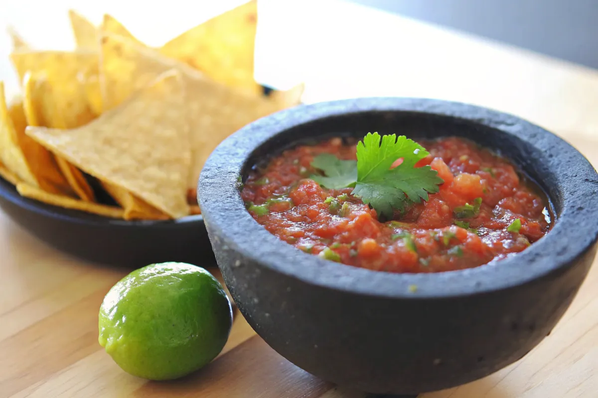 Chunky molcajete sauce served with tortilla chips and lime