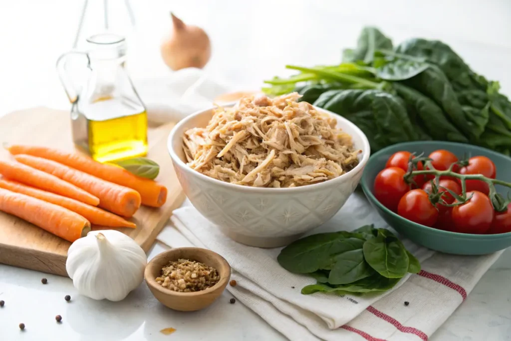 Shredded rotisserie chicken with fresh vegetables and spices on a countertop