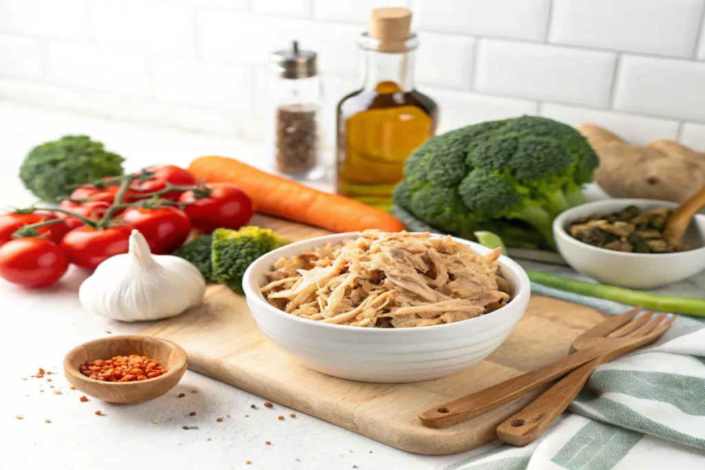 Ingredients for leftover rotisserie chicken recipes: chicken, vegetables, spices, and utensils