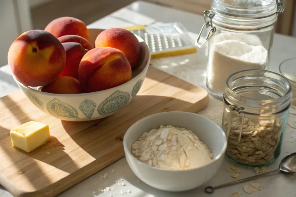 Sliced peaches being mixed with sugar and spices in a bowl.