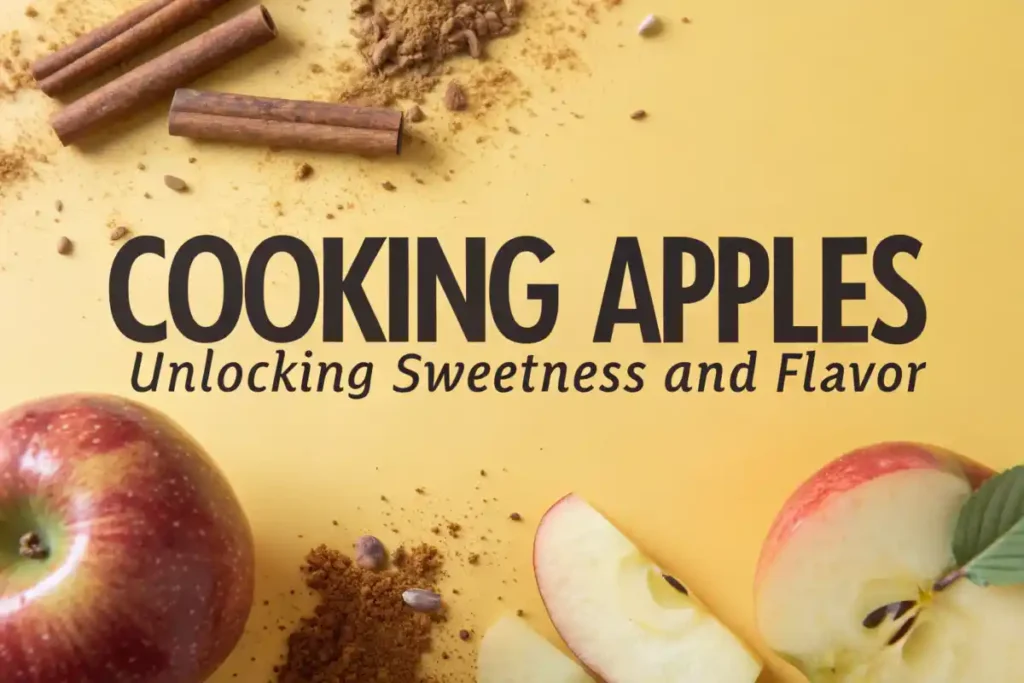 A fresh apple and a steaming baked apple slice with cinnamon and sugar on a bright yellow background.