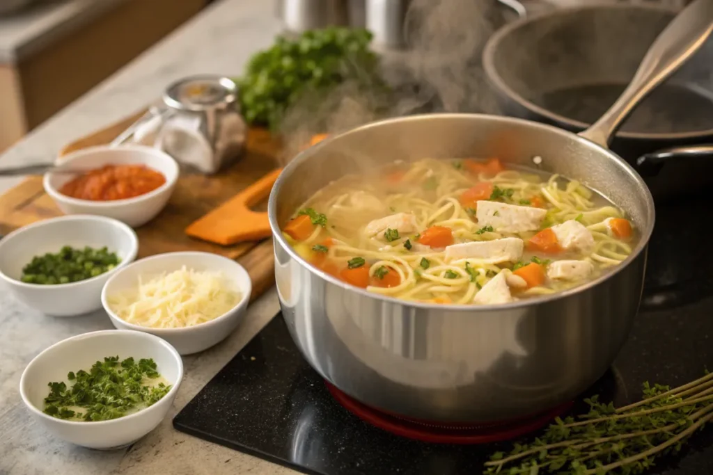 Chicken Soup cooking on the stovetop for Campbell's Soup Recipes."