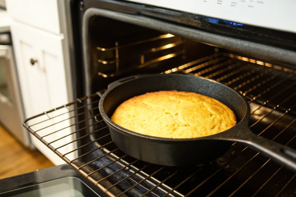 outhern cornbread recipe cooking in a cast-iron skillet inside the oven.
