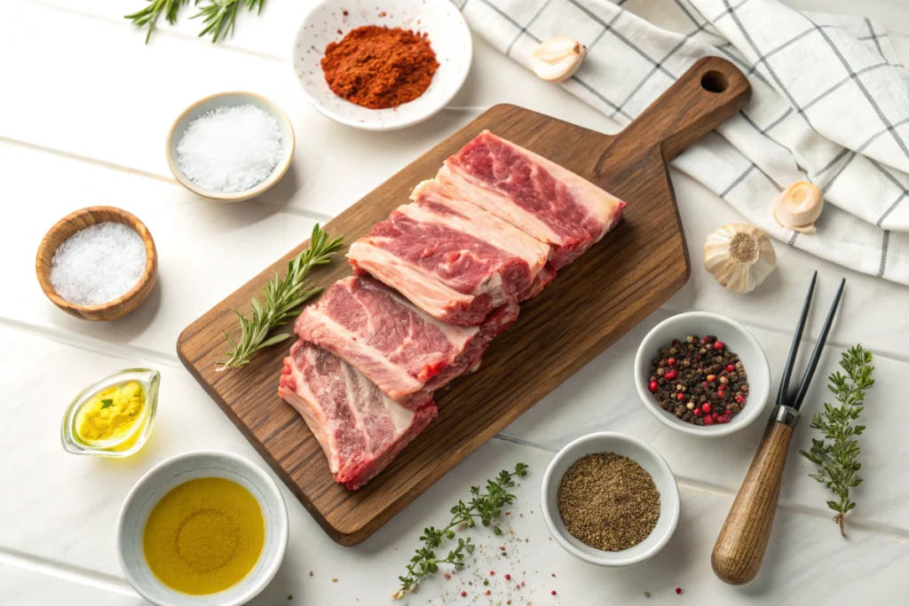 ngredients for beef back ribs recipe arranged on a cutting board.