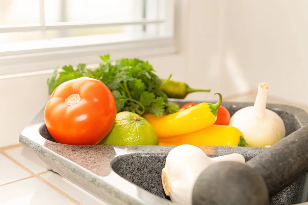 Fresh ingredients for a molcajete recipe, including tomatoes, chilies, garlic, and cilantro, with a traditional molcajete