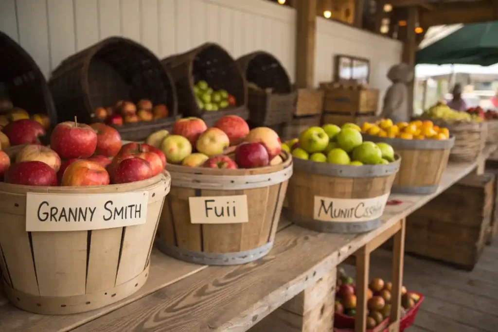 A market scene with baskets of Granny Smith, Fuji, and McIntosh apples, labeled for their ideal cooking methods.