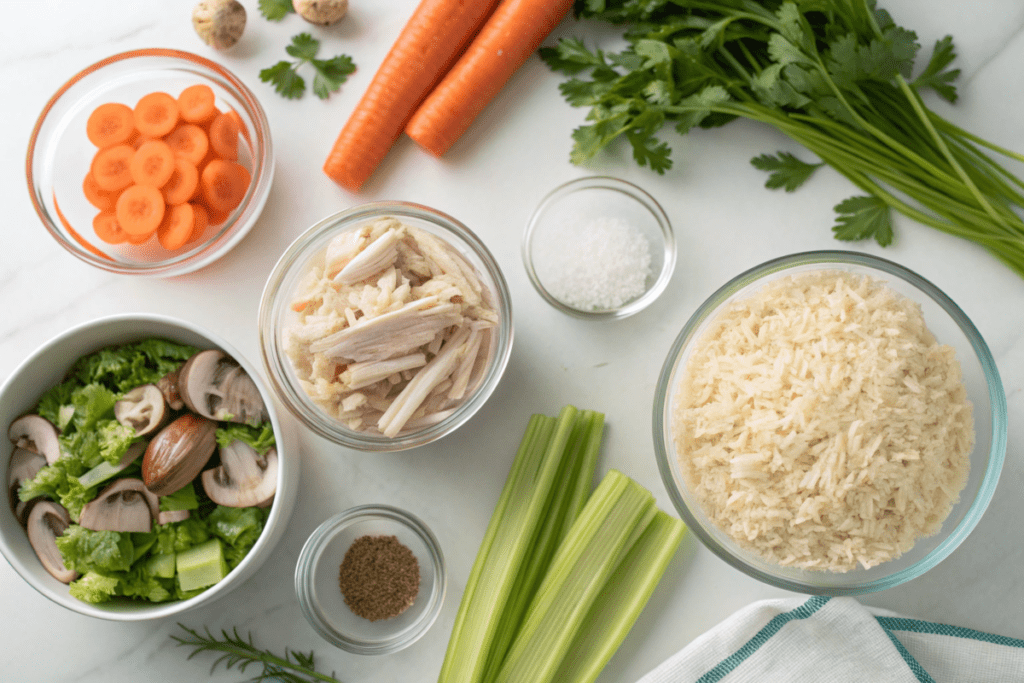 Ingredients for Campbell's Soup Recipes with fresh vegetables and chicken.