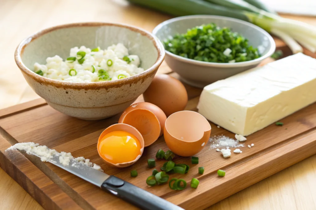 Ingredients for scrambled eggs with cottage cheese on a white countertop.