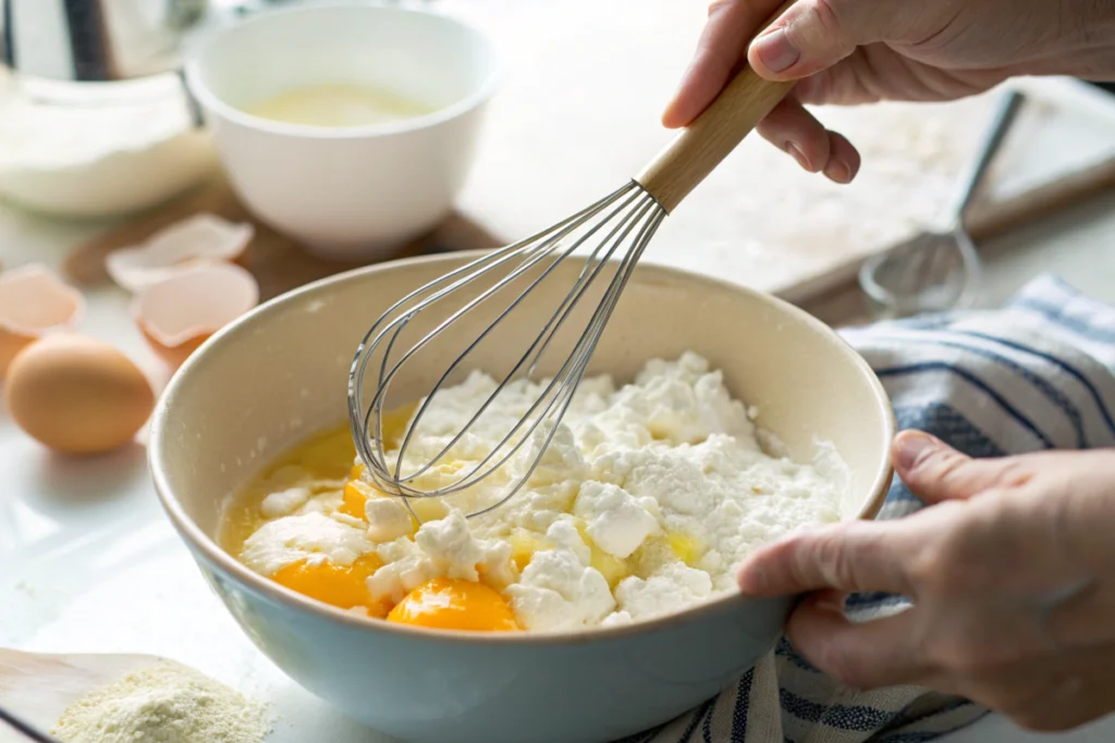Whisking eggs and cottage cheese together in a mixing bowl.
