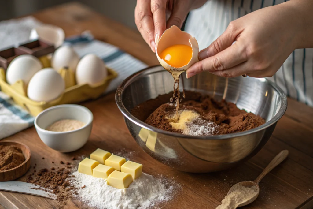 Cracking an egg over a mixing bowl with brownie ingredients.