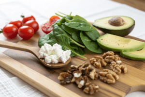 Close-up of anti-inflammatory ingredients with cottage cheese as the focal point.