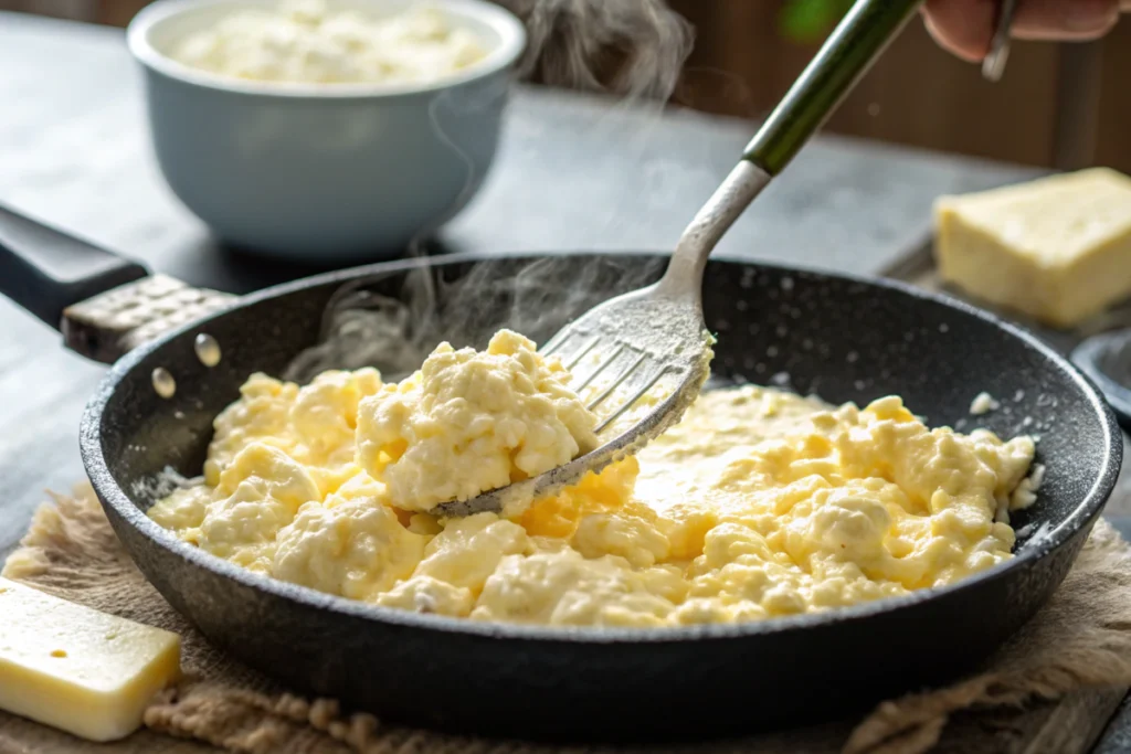 Scrambled eggs cooking in a skillet with visible soft curds.