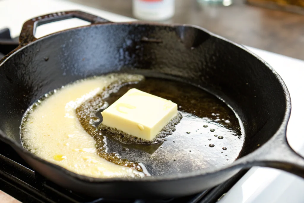 Greasing a cast-iron skillet to prepare a Southern cornbread recipe.