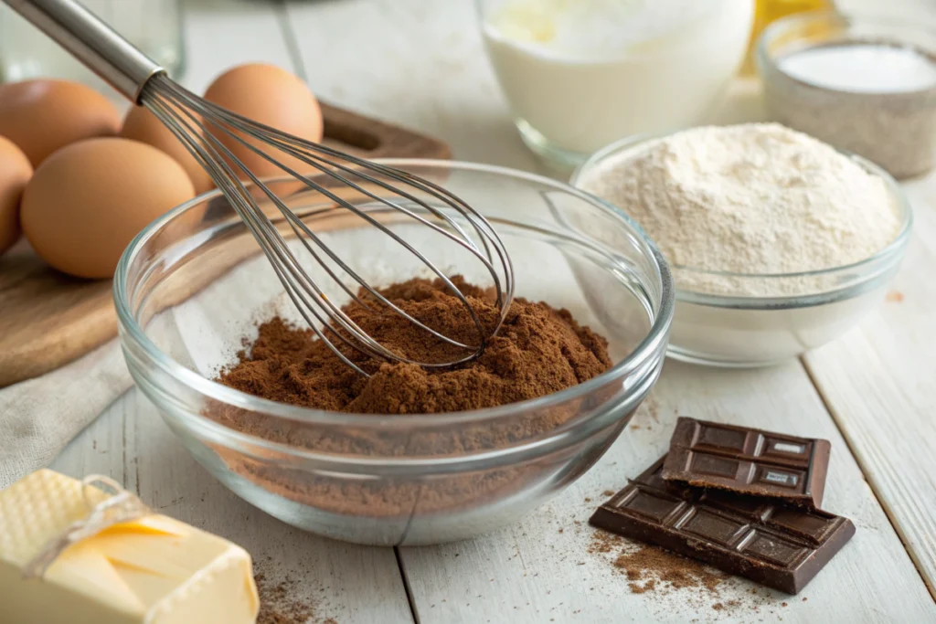 Close-up of brownie ingredients being mixed, with a whisk in cocoa and sugar."