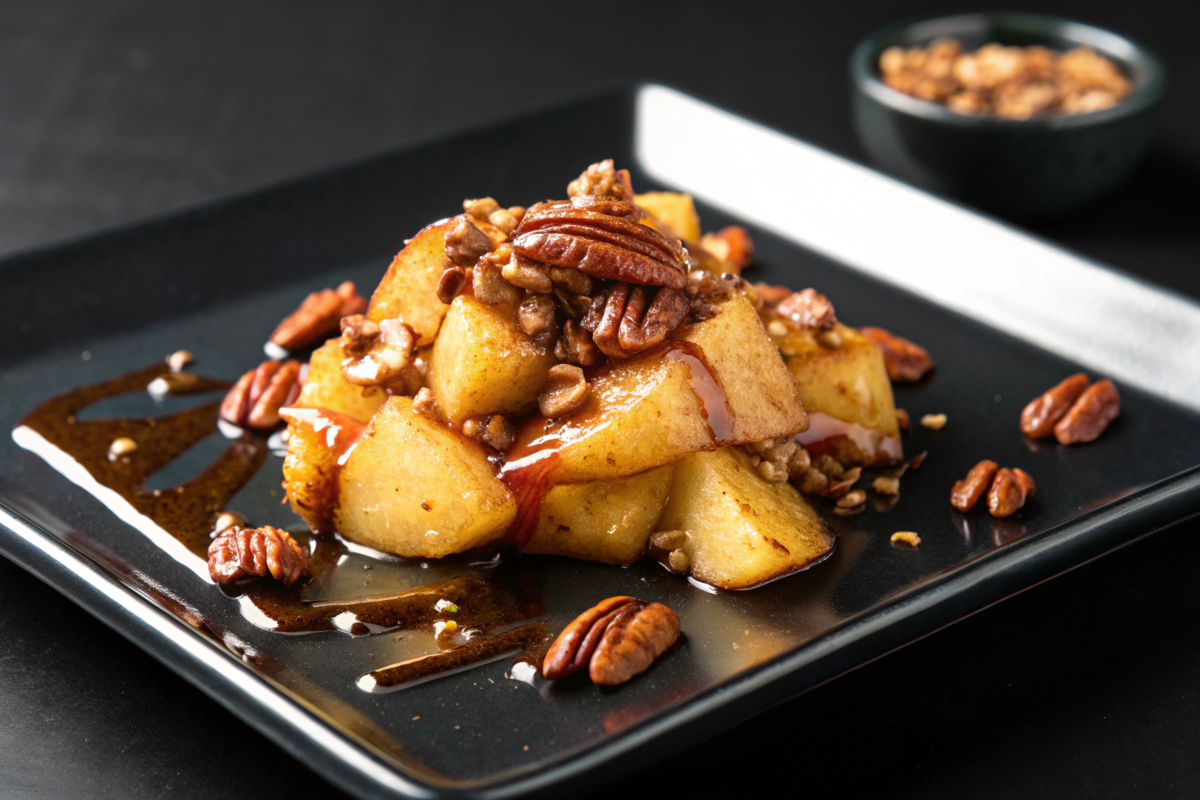apples with pecans and maple syrup on a black plate.