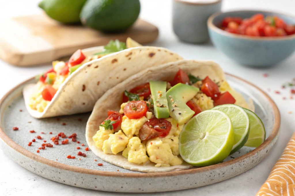 Scrambled eggs with cottage cheese in a bowl with nutrition facts displayed.