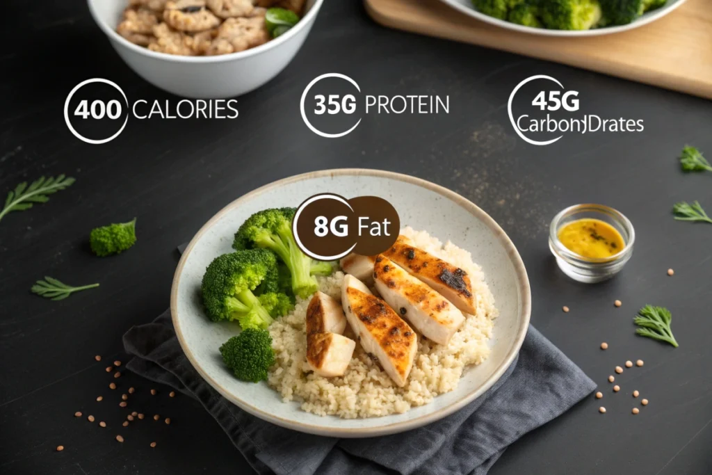 Nutritional facts for a healthy chicken broccoli meal displayed around a plated dish.