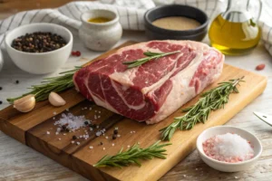 A raw chuck roast sits on a cutting board, seasoned with rosemary, salt, and pepper.