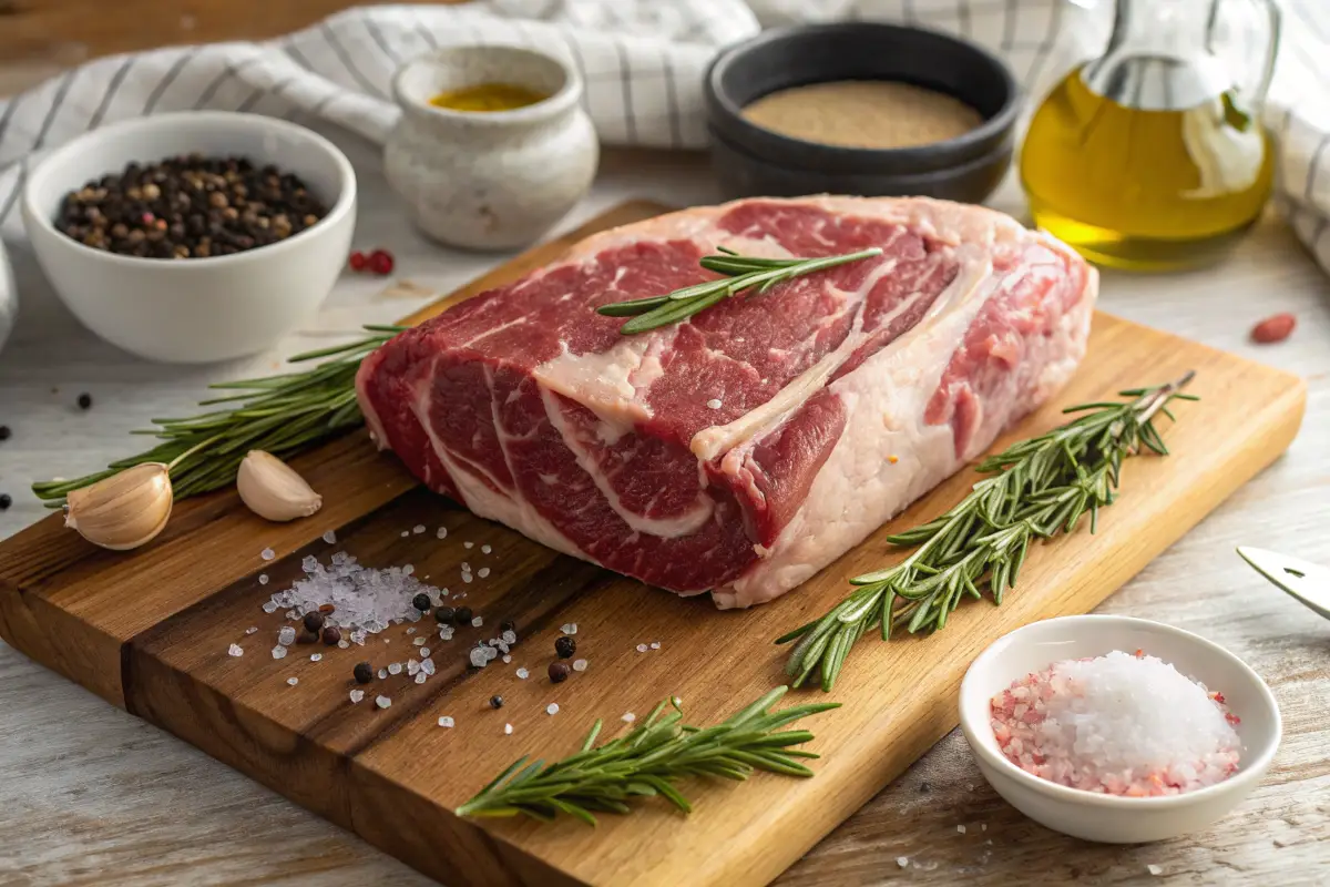 A raw chuck roast sits on a cutting board, seasoned with rosemary, salt, and pepper.