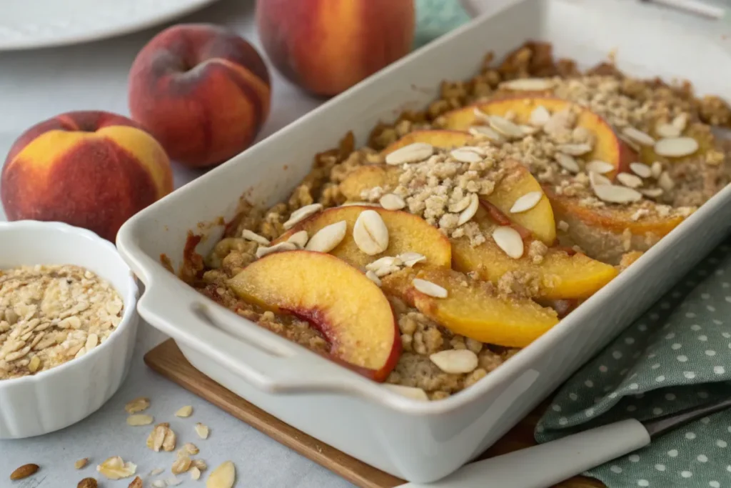 A single serving of peach cobbler next to a nutrition label card.