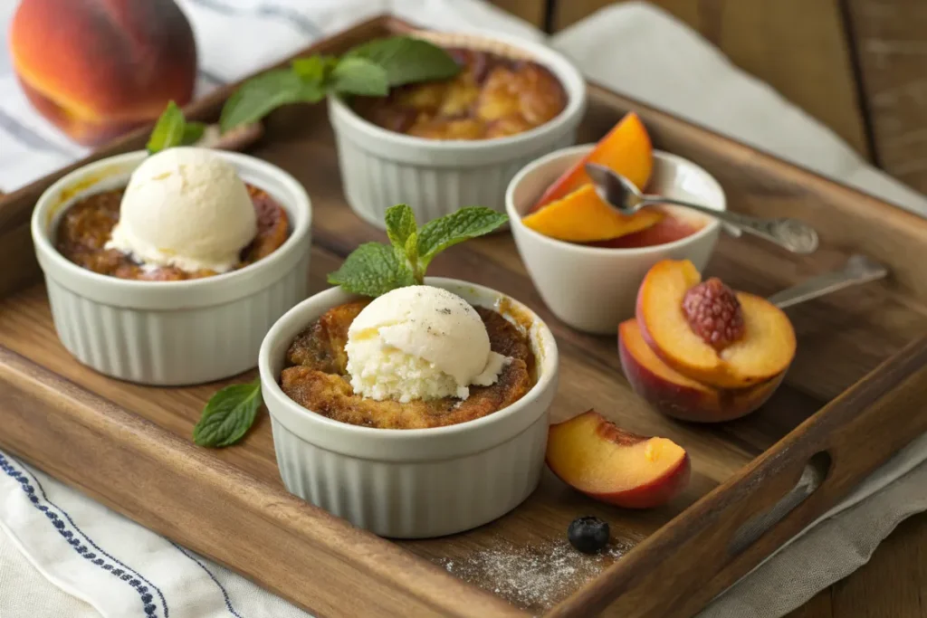Healthier peach cobbler with oat and almond flour topping in a baking dish.