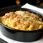 Mac and cheese served in a black bowl with golden breadcrumb crust under warm lighting.