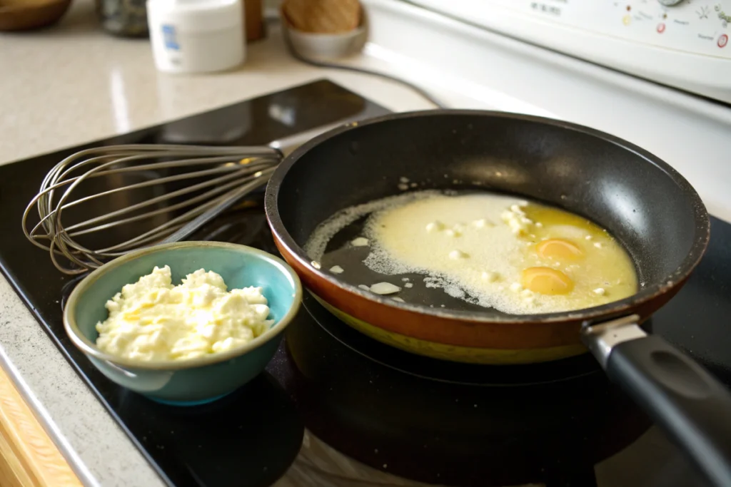 Butter melting in a skillet with whisked eggs and cottage cheese nearby.