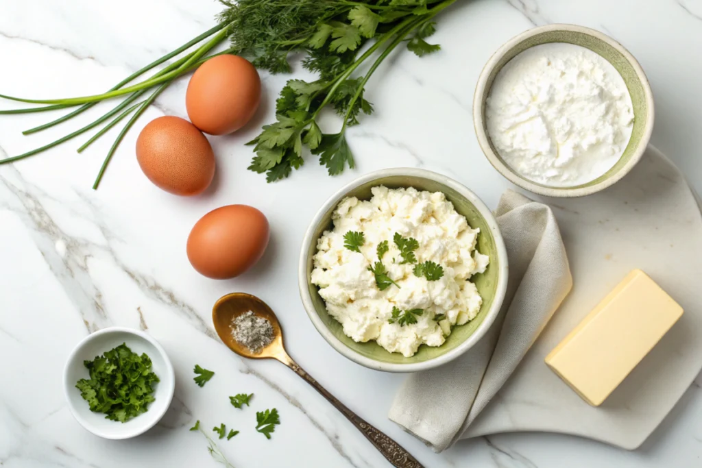 Close-up of ingredients for scrambled eggs with cottage cheese.