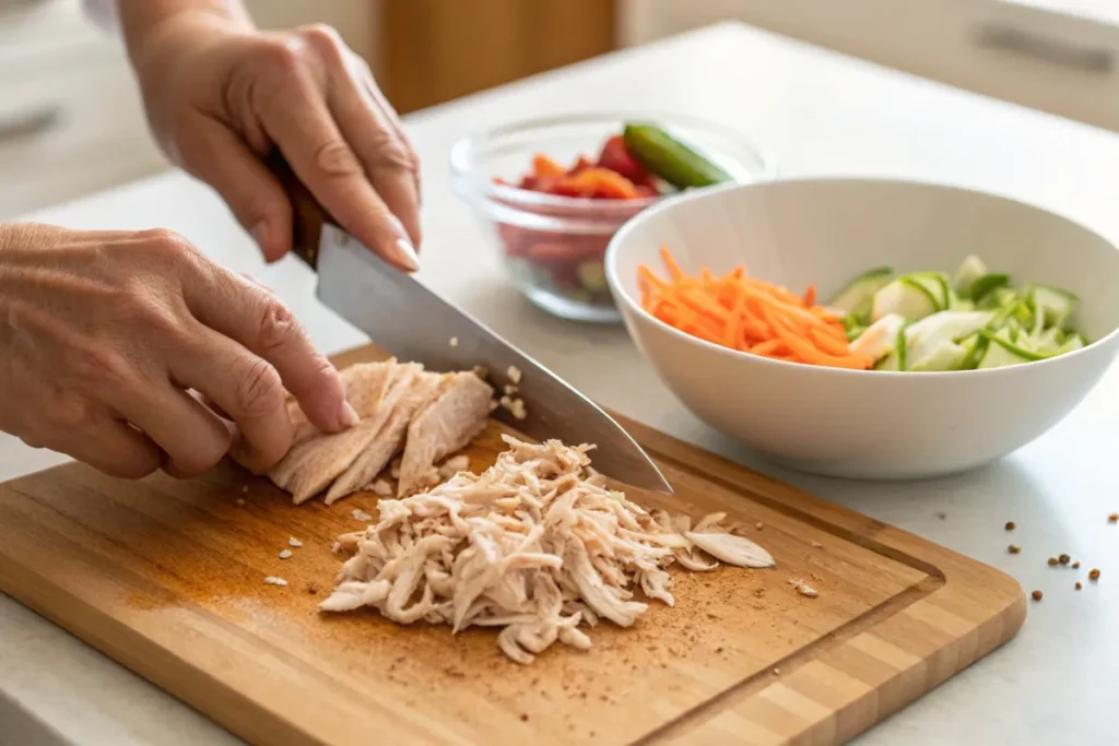Hands shredding rotisserie chicken during meal preparation