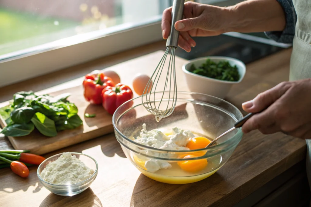 Hands whisking eggs and cottage cheese together in a bow