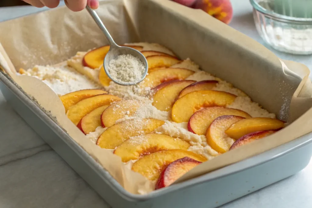 Cake mix being spread evenly over peaches in a baking dish.