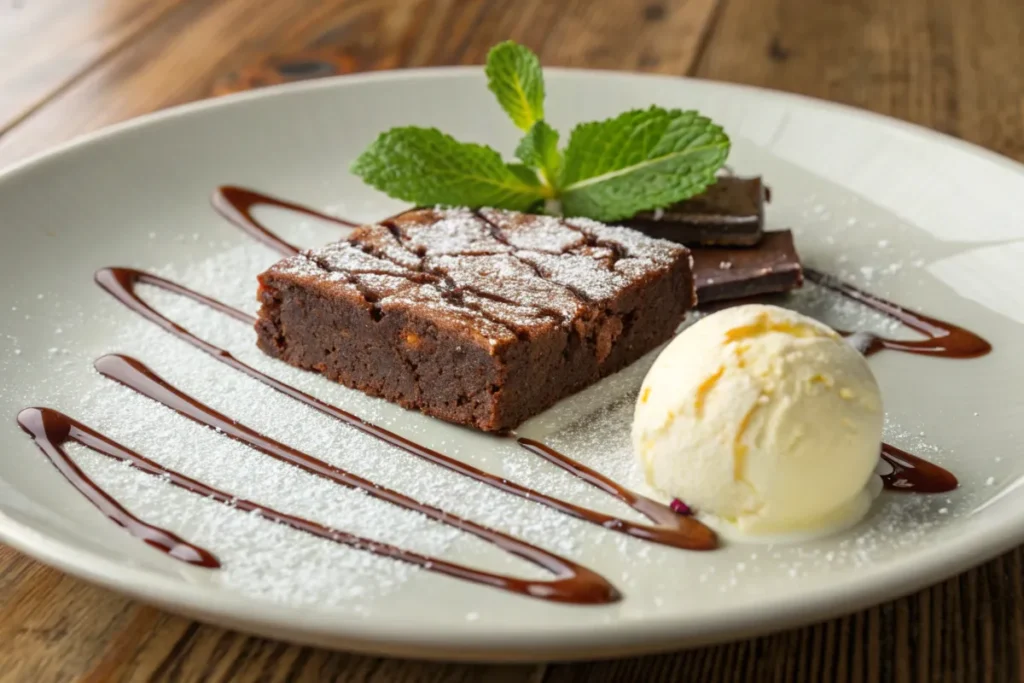 Brownies topped with nuts and caramel drizzle, served with strawberries.