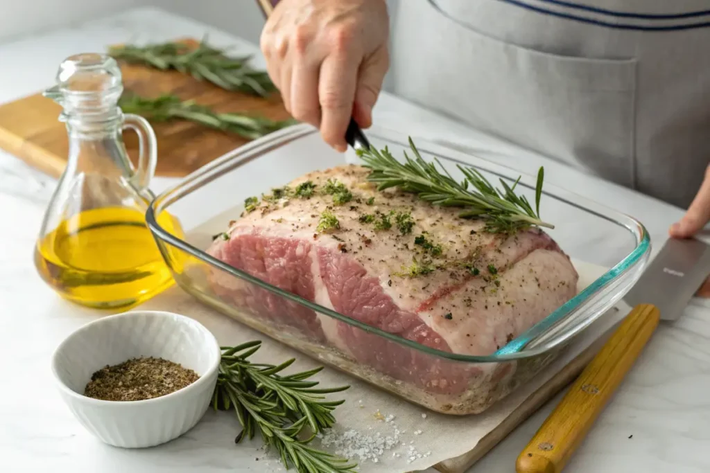 A seasoned piece of raw beef sits in a glass baking dish, topped with a sprig of rosemary.