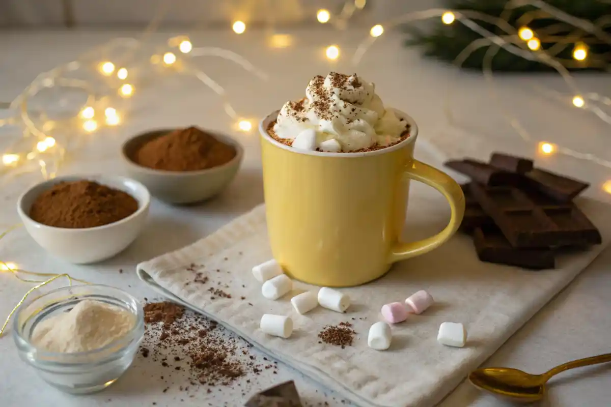 A yellow mug of hot chocolate topped with whipped cream, marshmallows, and cocoa powder sits on a table with ingredients and holiday lights.