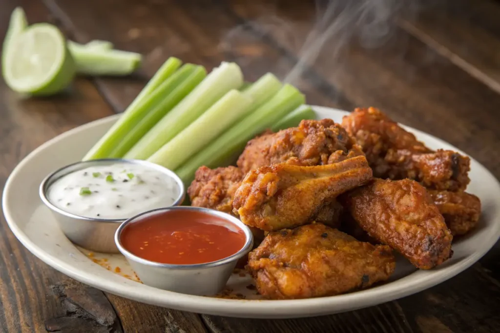 A plate of steaming hot chicken wings is served with celery sticks and dipping sauces.