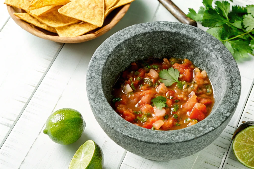 Molcajete salsa served in a stone bowl with tortilla chips and lime wedges.