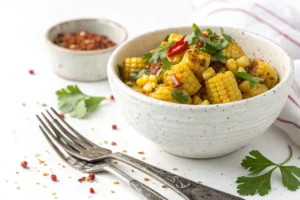 A bowl of finished Fried Corn Recipe, garnished with fresh parsley.