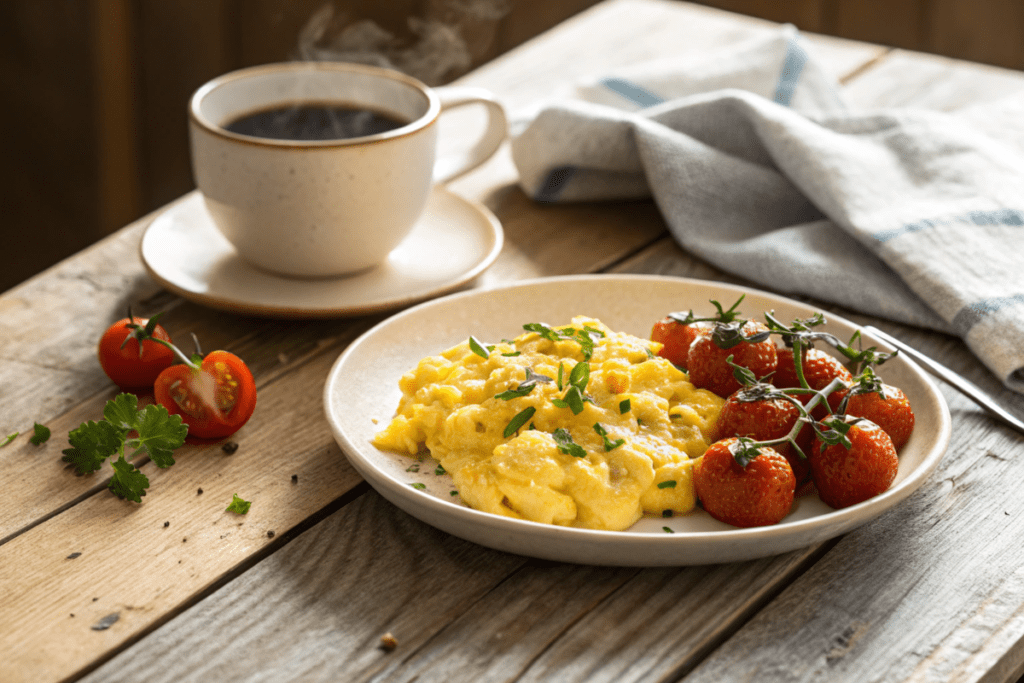 Scrambled eggs with cottage cheese served with roasted tomatoes and coffee.