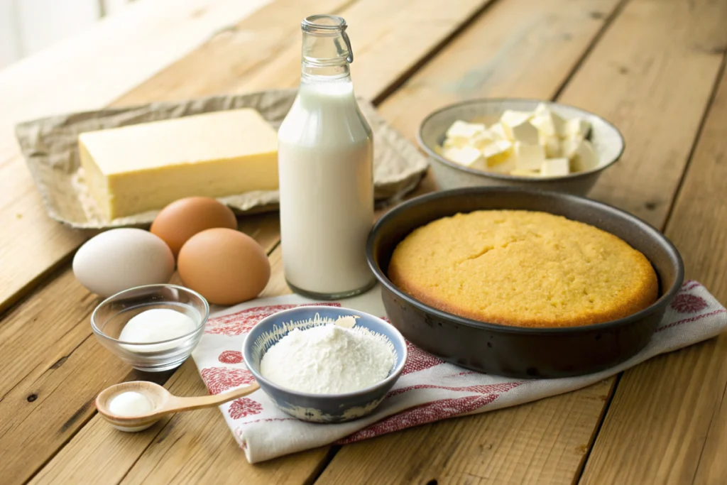 ngredients for Southern cornbread recipe arranged on a rustic wooden table.