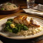 Grilled fish is served on a bed of rice with a side of broccoli.