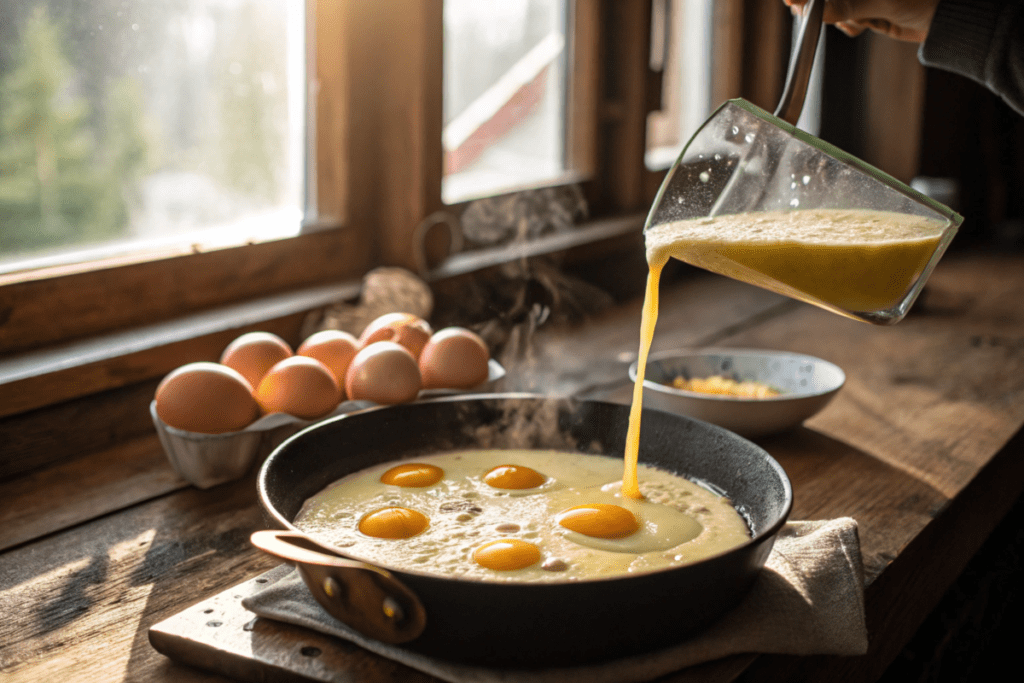 Egg and cottage cheese mixture being poured into a hot skillet