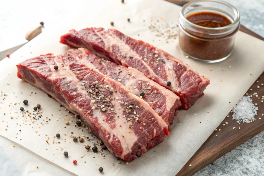 Close-up of seasoned beef back ribs ready to cook.