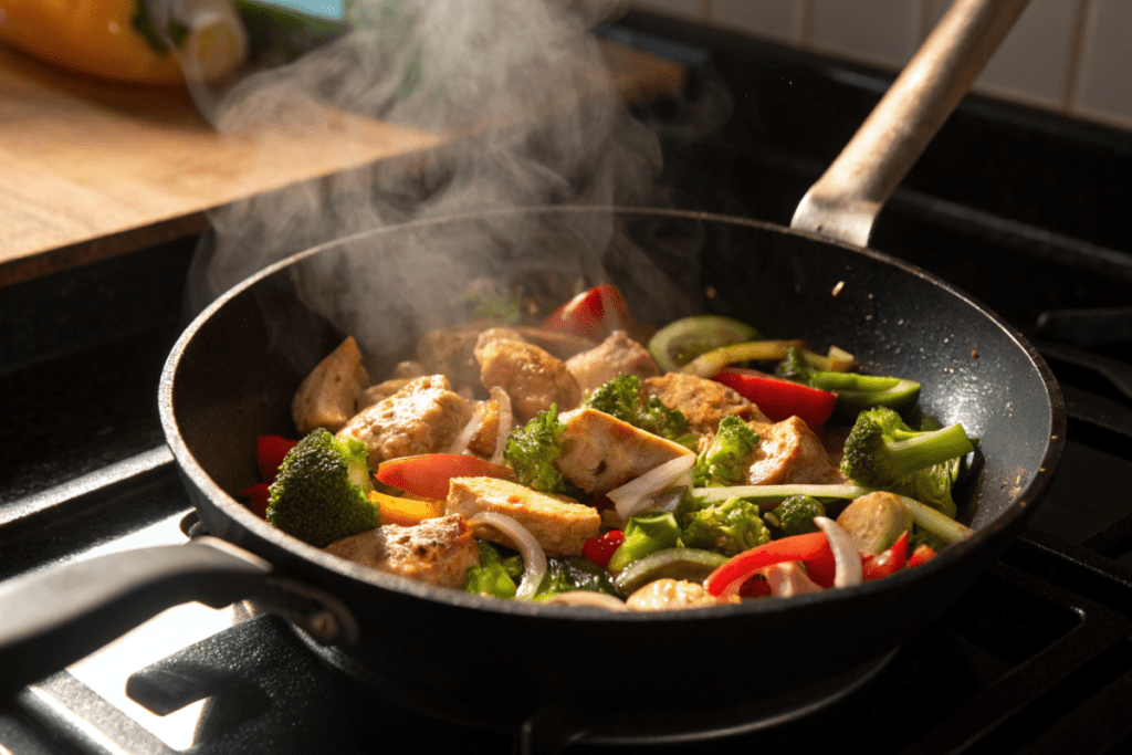 Stir-frying leftover chicken with vegetables on a skillet.