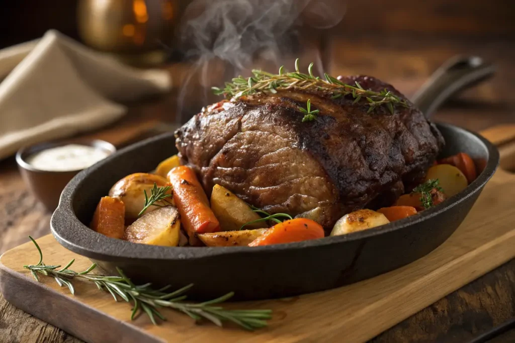 A steaming roast sits in a cast iron pan with roasted root vegetables.